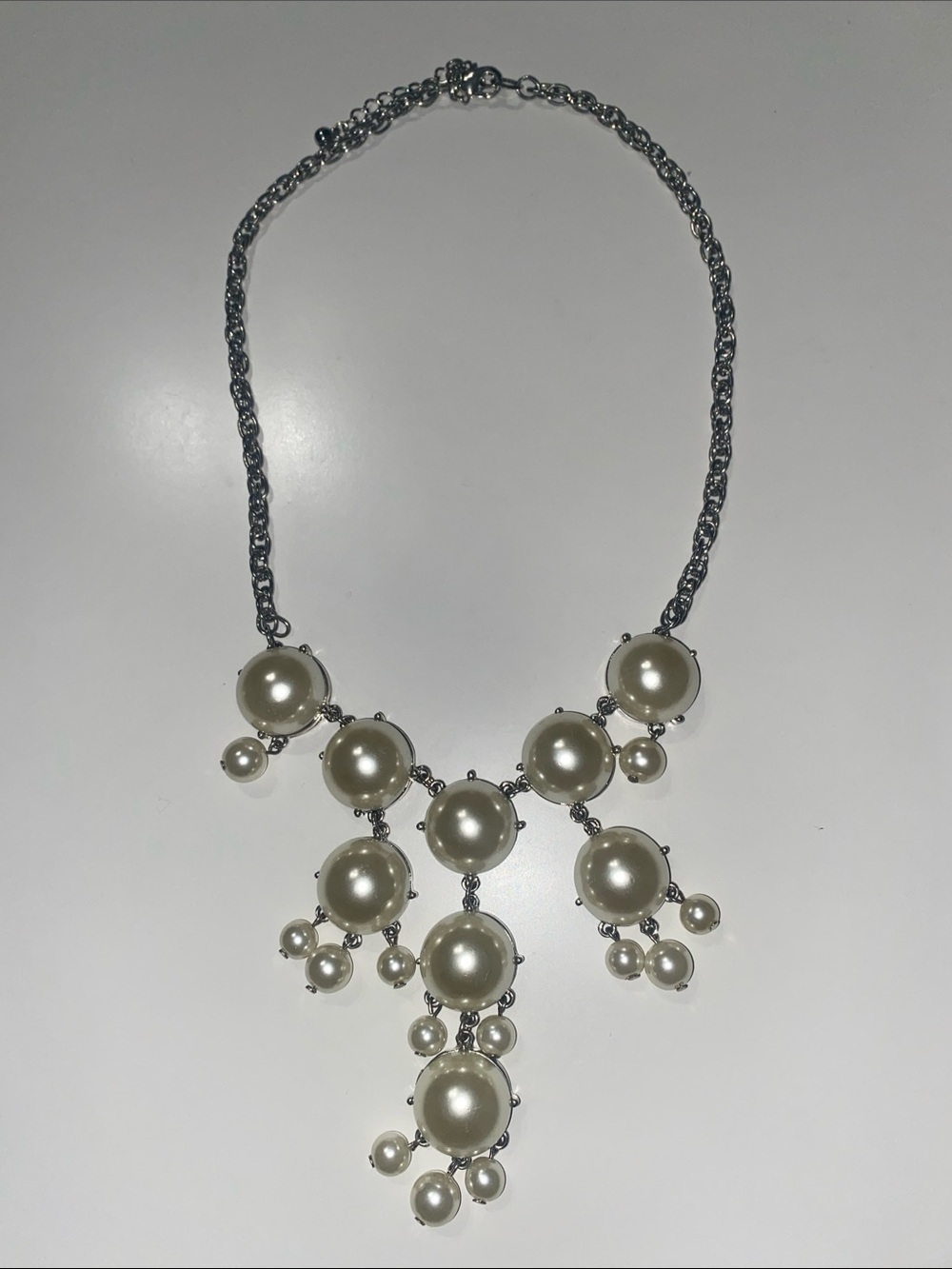 Statement Pearl Bib Necklace - Ivory Pearls on Silver Chain